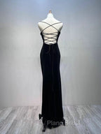 Black Velvet A-line Straps Wedding Party Dresses, Black Long Evening Dresses Formal Prom Dresses