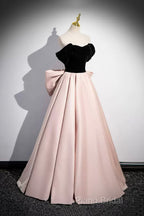 Black Velvet And Pink Satin Long Formal Prom Dresses, Beautiful A-Line Formal Party Dresses With Bow
