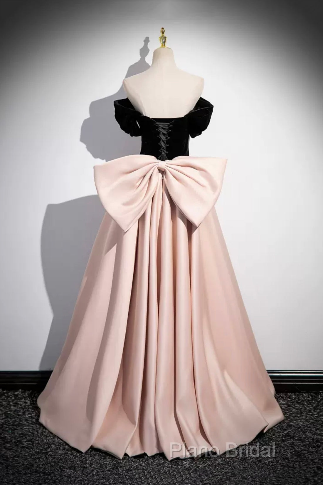 Black Velvet And Pink Satin Long Formal Prom Dresses, Beautiful A-Line Formal Party Dresses With Bow