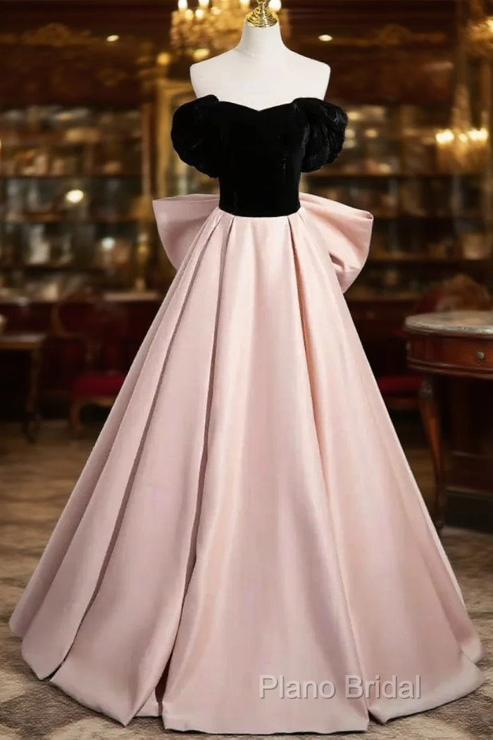 Black Velvet And Pink Satin Long Formal Prom Dresses, Beautiful A-Line Formal Party Dresses With Bow Main image