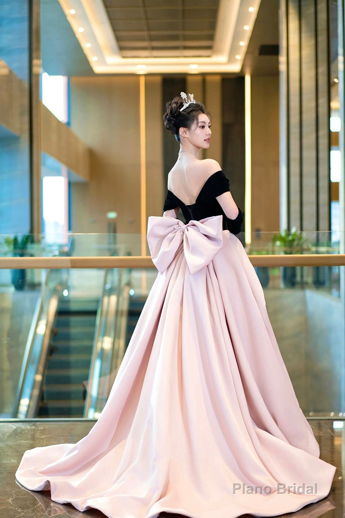 Black Velvet and Pink Satin Long Prom Dress, Off the Shoulder Evening Party Dress