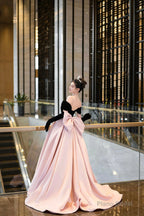 Black Velvet and Pink Satin Long Prom Dress, Off the Shoulder Evening Party Dress