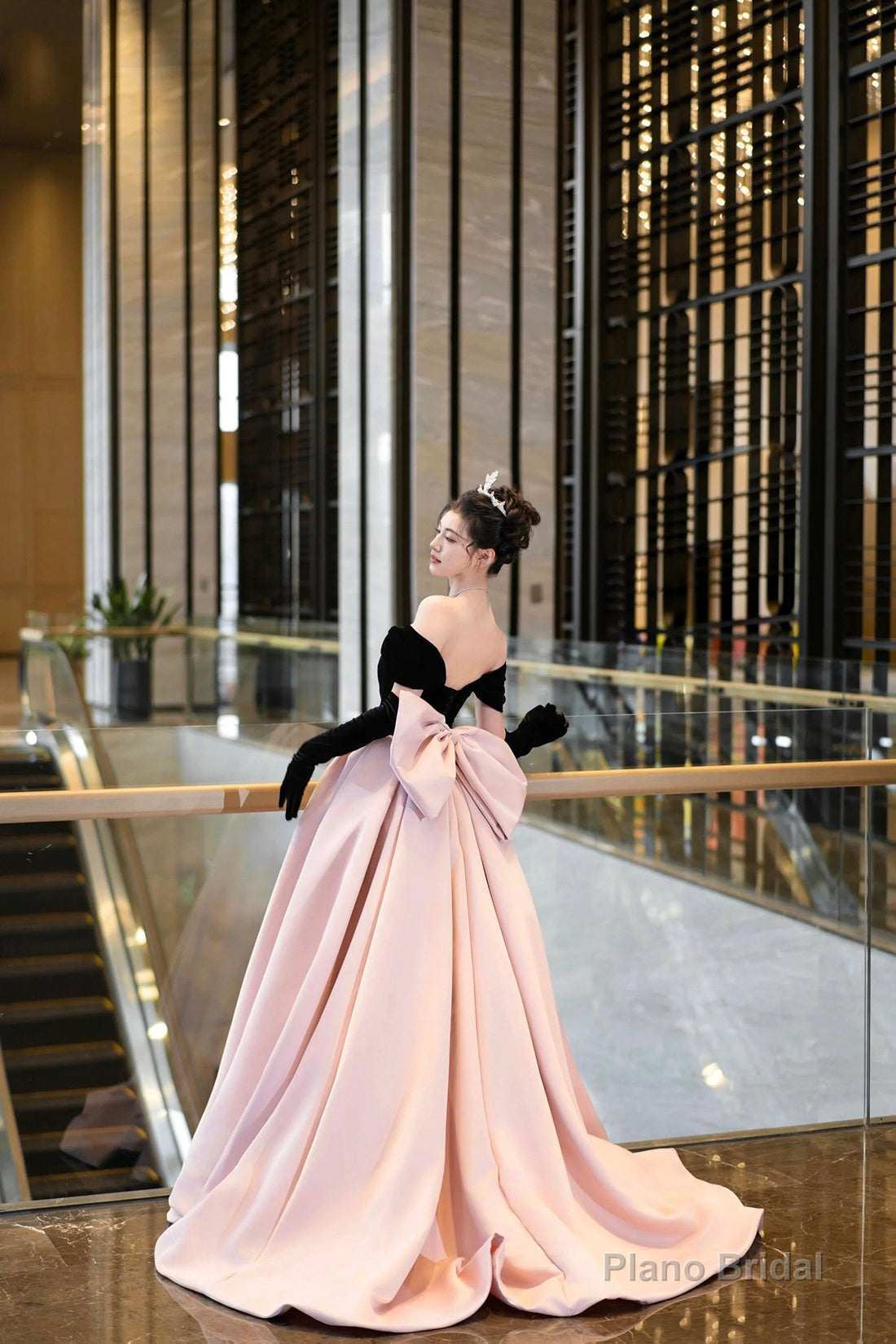 Black Velvet and Pink Satin Long Prom Dress, Off the Shoulder Evening Party Dress