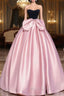 Black Velvet and Pink Satin Long Formal Prom Dresses with Bow, Beautiful A-Line Strapless Formal Party Dresses