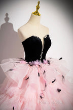 Black Velvet And Pink Tulle Strapless Ball Gown, Pink Backless Ruffles Formal Dresses