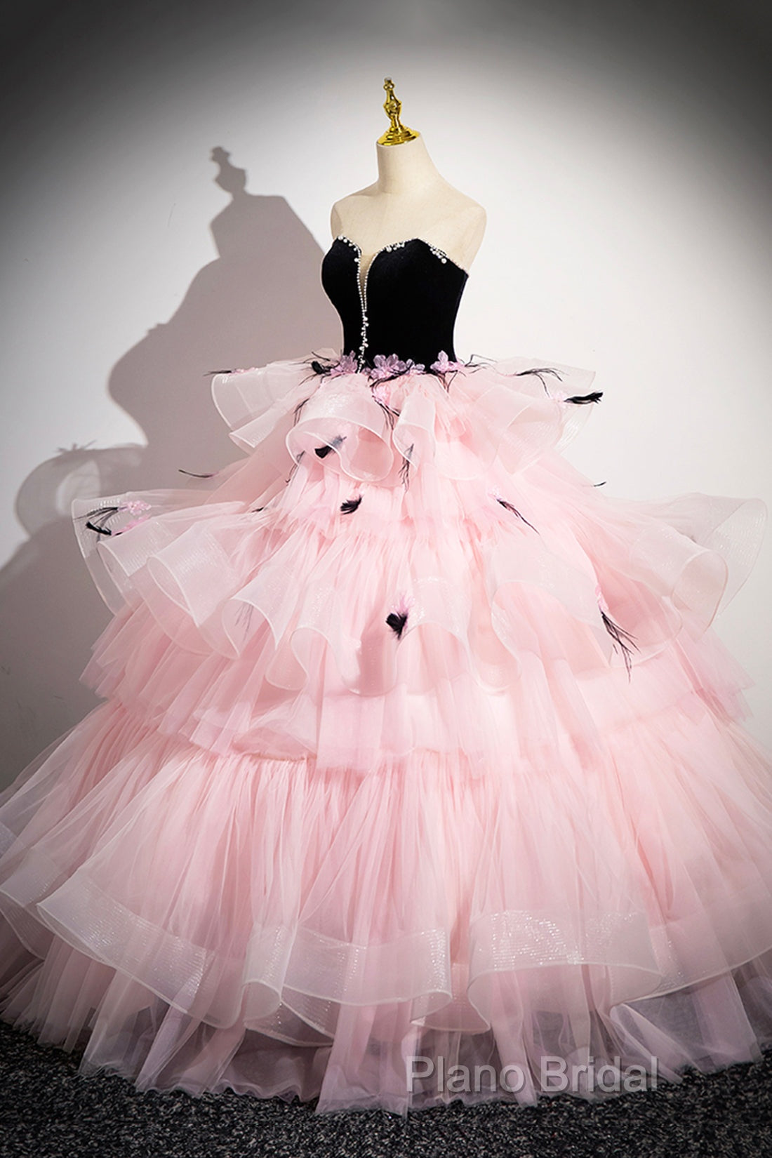 Black Velvet And Pink Tulle Strapless Ball Gown, Pink Backless Ruffles Formal Dresses