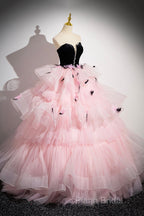 Black Velvet And Pink Tulle Strapless Ball Gown, Pink Backless Ruffles Formal Dresses