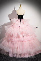 Black Velvet And Pink Tulle Strapless Ball Gown, Pink Backless Ruffles Formal Dresses