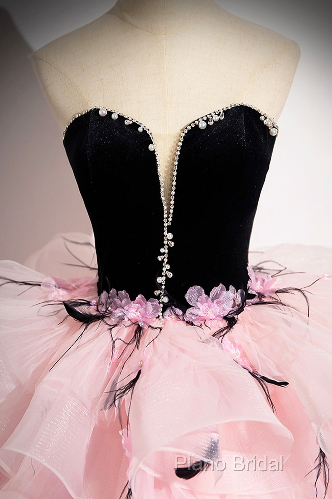 Black Velvet And Pink Tulle Strapless Ball Gown, Pink Backless Ruffles Formal Dresses