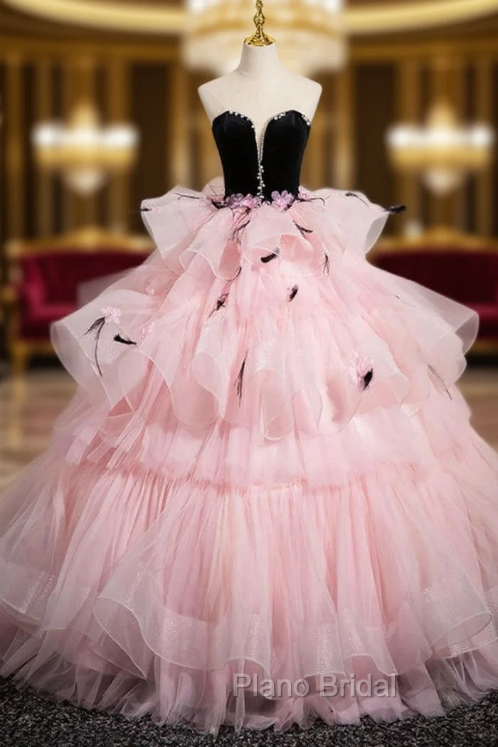 Black Velvet and Pink Tulle Strapless Formal Prom Dresses
