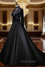 Black Velvet and Satin Long Sleeves See Through Back Formal Dresses, Black Evening Dresses