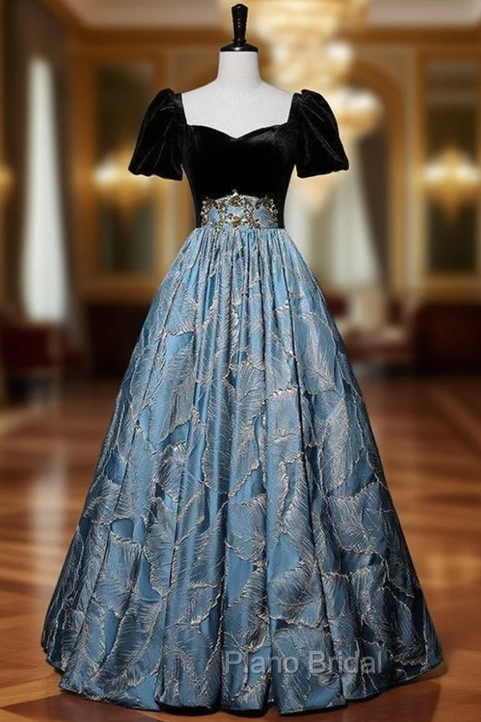 Black Velvet Blue Leaf Short Sleeve Formal Prom Dresses Main image