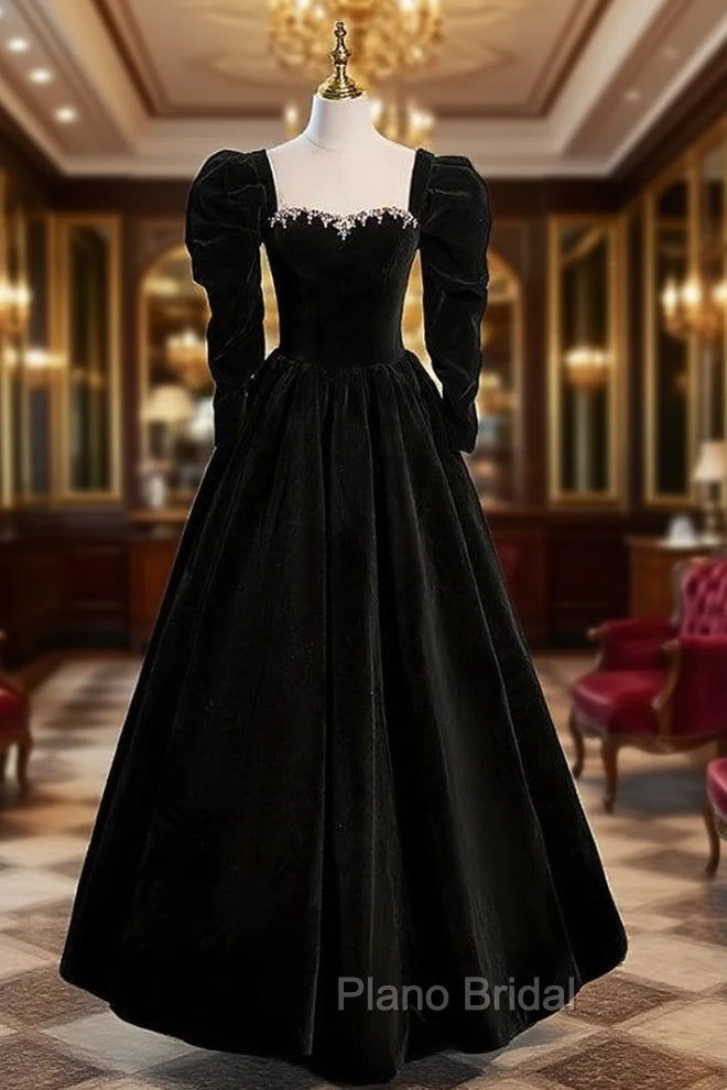 Black Velvet Crystal Formal Prom Dresses With Detachable Sleeve Main image