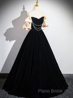 Black Velvet Floor Length Formal Prom Dresses, Off The Shoulder A-Line Formal Party Dresses