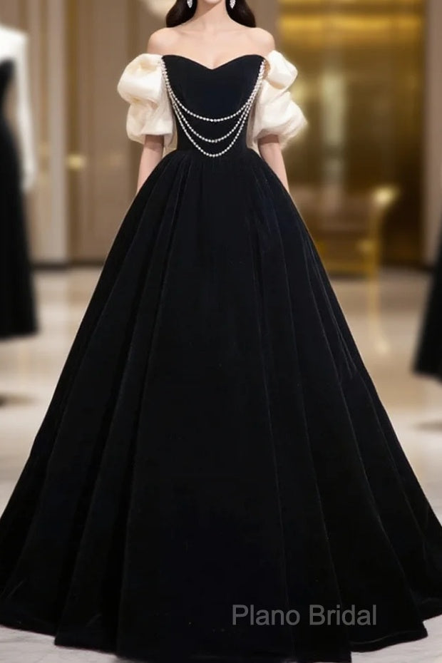 Black Velvet Floor Length Formal Prom Dresses, Off The Shoulder A-Line Formal Party Dresses Main image