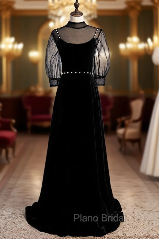Black Velvet High Short Sleeve Backless Beading Formal Prom Dresses Main image