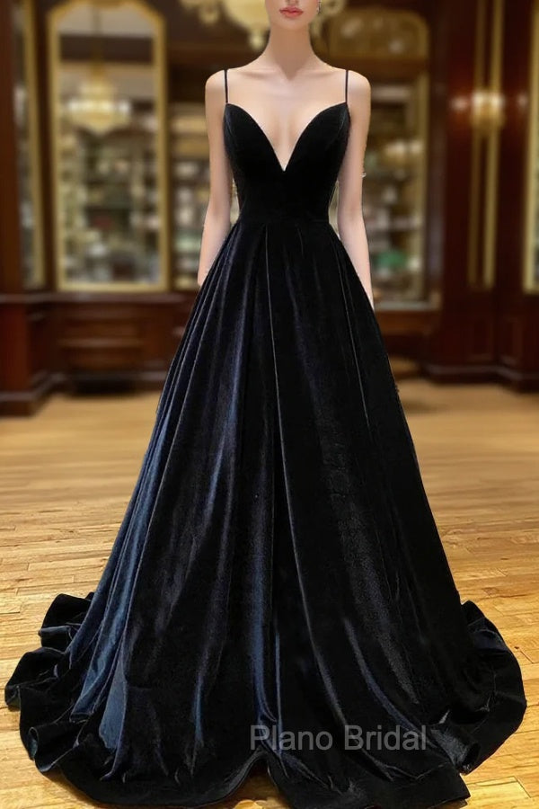 Black Velvet Long A-Line Formal Prom Dresses, V-Neck Backless Evening Formal Dresses