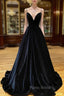 Black Velvet Long A-Line Formal Prom Dresses, V-Neck Backless Evening Formal Dresses