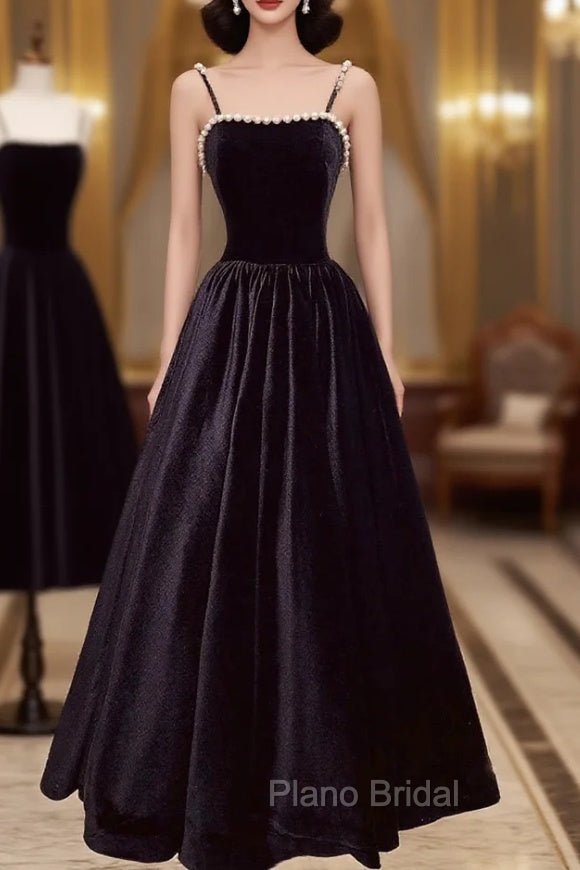Black Velvet Long Formal Prom Dresses with Pearls, Black Spaghetti Straps Evening Party Dresses Main image