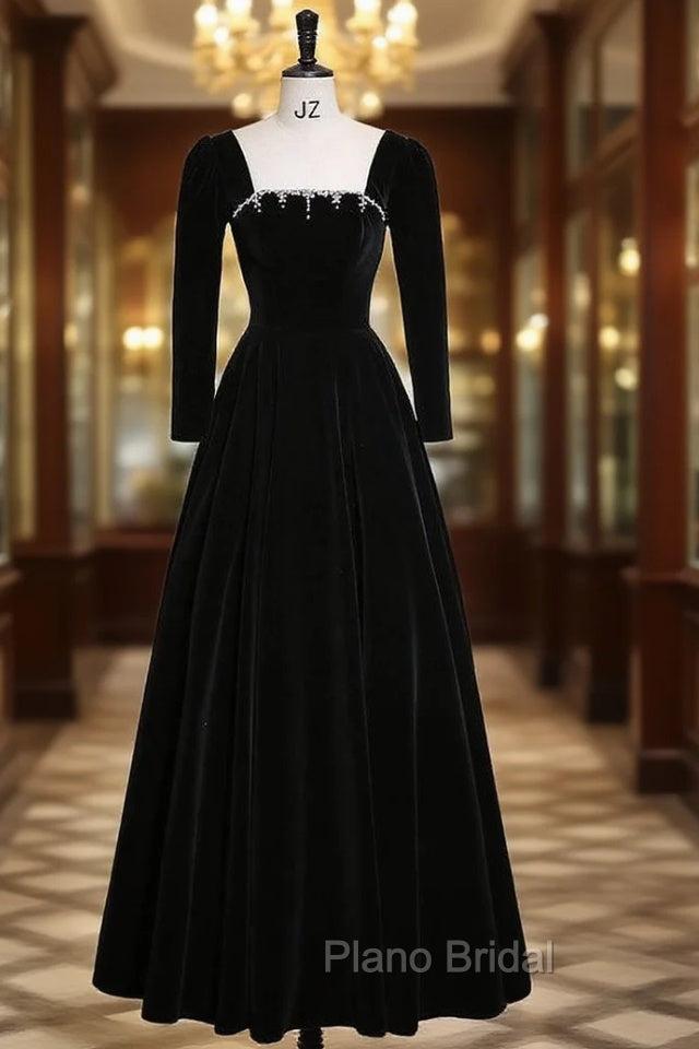 Black Velvet Long Sleeve Backless Crystal Formal Prom Dresses Main image