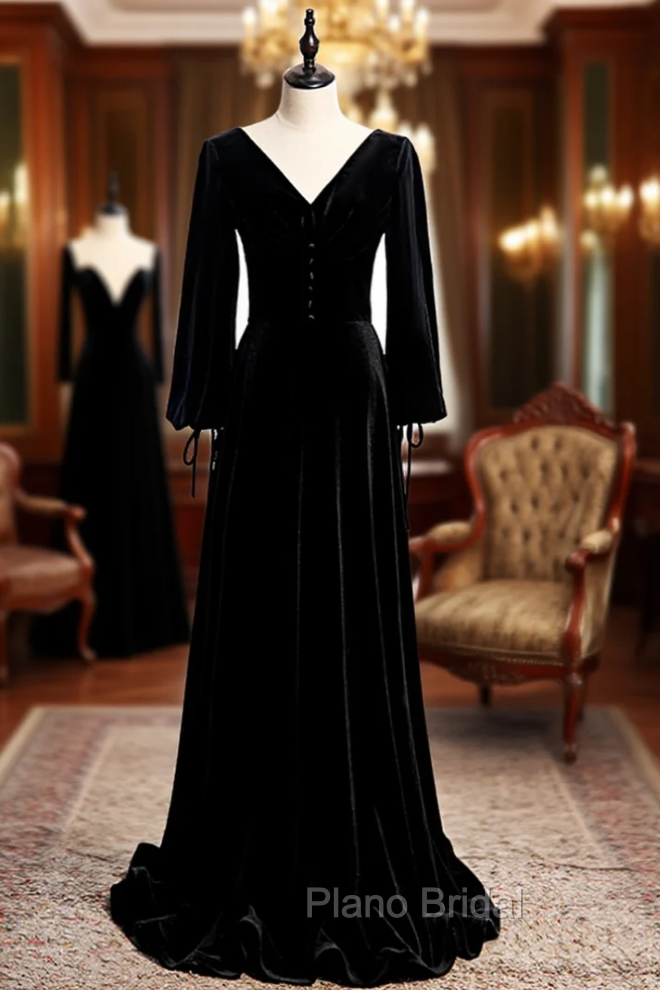 Black Velvet Long Sleeve Button Pleats Formal Prom Dresses
