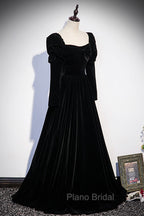 Black Velvet Long Sleeve Formal Prom Dresses, A-Line Evening Party Dresses