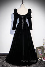 Black Velvet Long Sleeve Formal Prom Dresses, A-Line Evening Party Dresses
