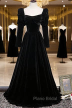 Black Velvet Long Sleeve Formal Prom Dresses, A-Line Evening Party Dresses