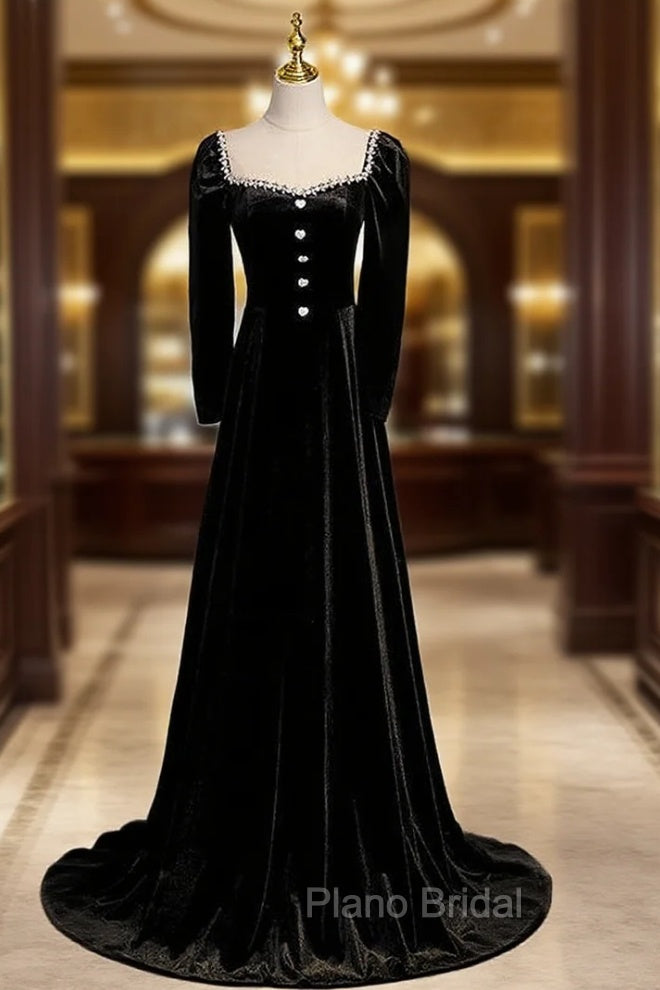Black Velvet Long Sleeve Square Beading Formal Prom Dresses Main image
