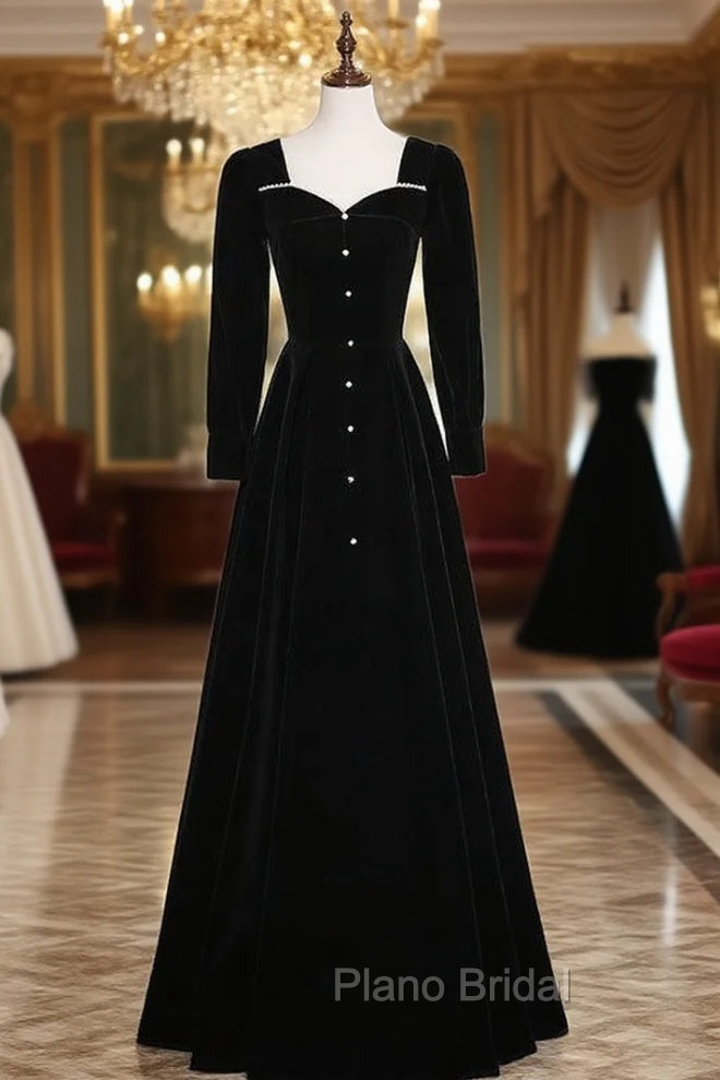 Black Velvet Long Sleeve Square Neck Formal Prom Dresses Main image