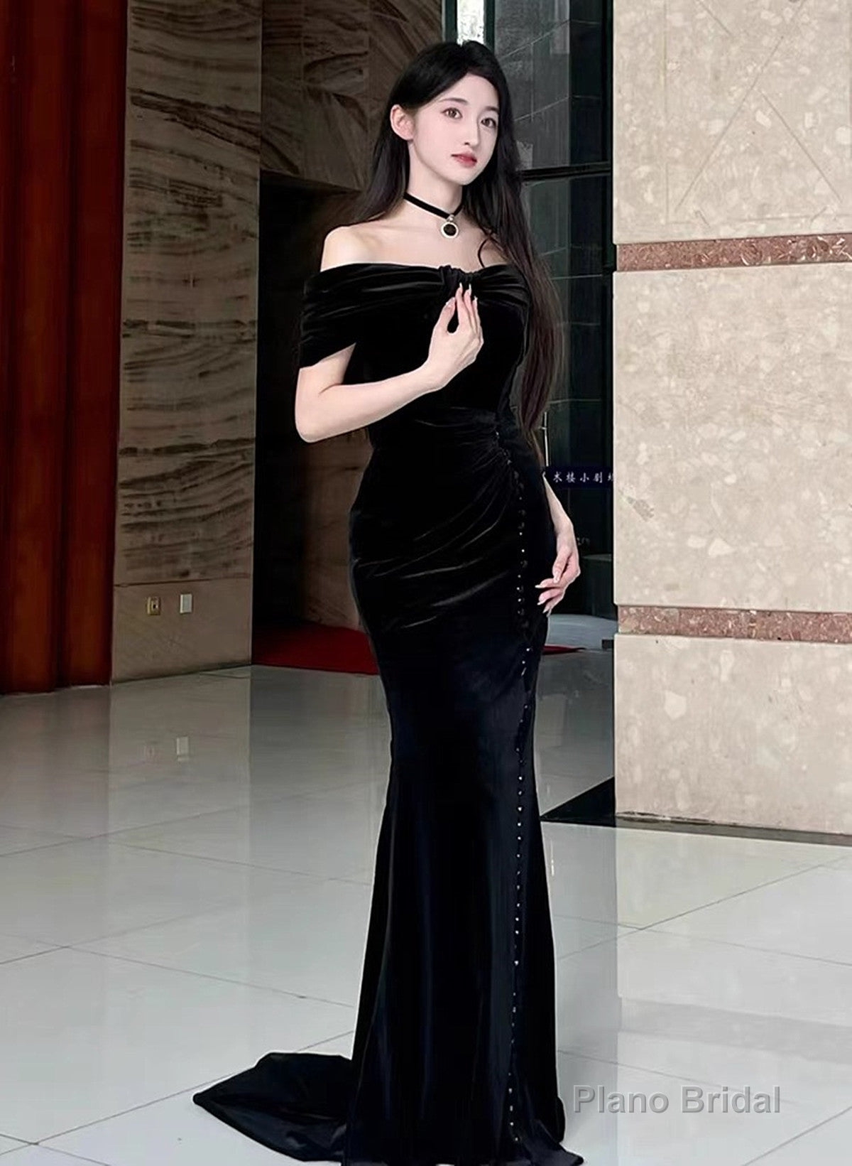 Black Velvet Mermaid Off Shoulder Long Party Dress, Black Velvet Prom Dress Main image