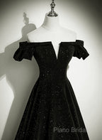 Black Velvet Off Shoulder A-Line Long Formal Prom Dresses, Black Simple Wedding Party Dresses