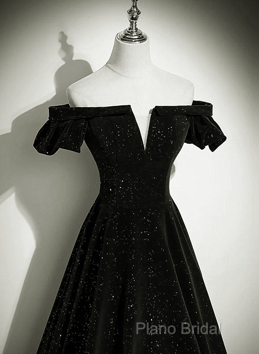 Black Velvet Off Shoulder A-Line Long Formal Prom Dresses, Black Simple Wedding Party Dresses Secondary image