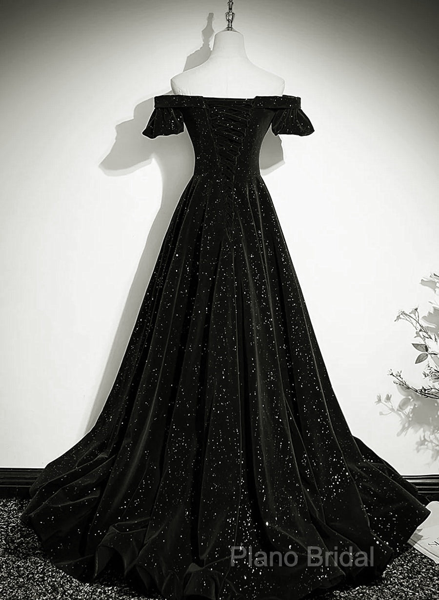 Black Velvet Off Shoulder A-Line Long Formal Prom Dresses, Black Simple Wedding Party Dresses