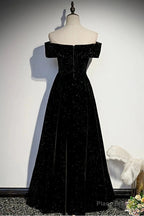 Black Velvet Off Shoulder Long Party Dress, Black Simple Prom Dress