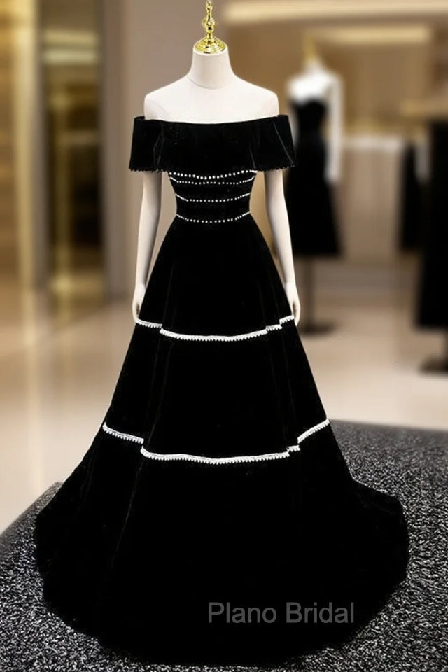 Black Velvet Off the Shoulder Pearls Formal Prom Dresses