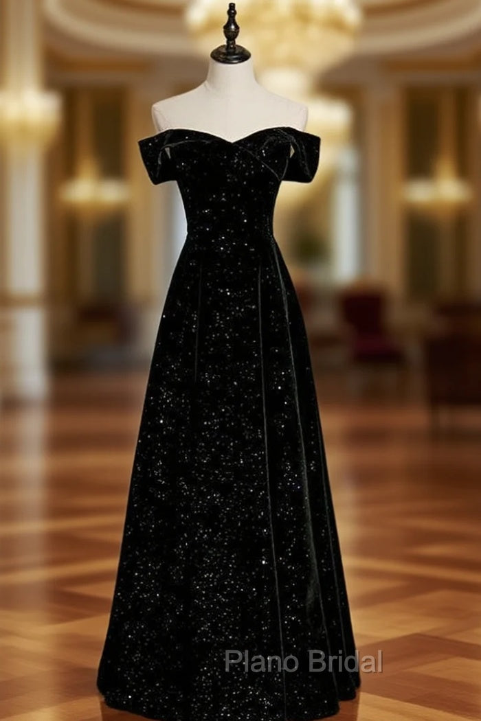 Black Velvet Off the Shoulder Formal Prom Dresses