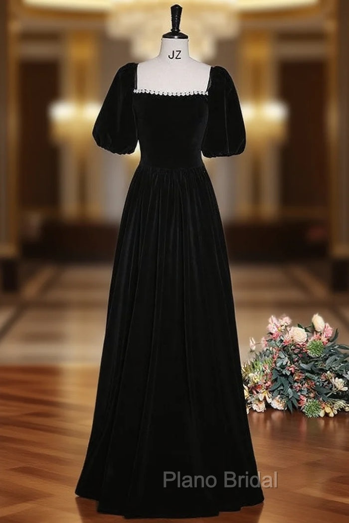 Black Velvet Puff Sleeve Pearls Formal Prom Dresses Main image