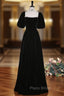 Black Velvet Puff Sleeve Pearls Formal Prom Dresses