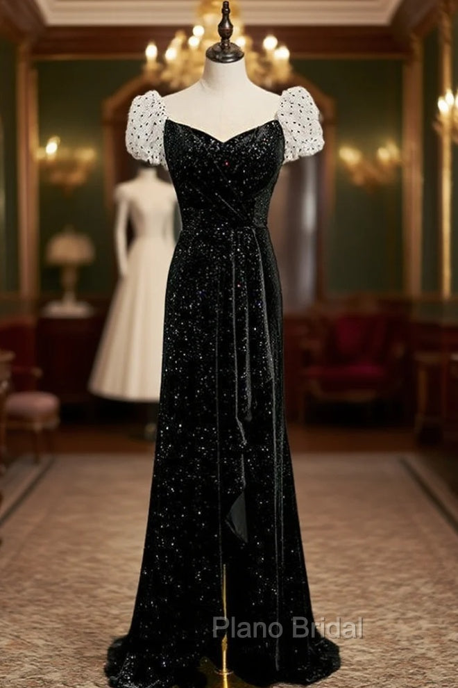 Black Velvet Puff Sleeve Pleats Formal Prom Dresses With Split Main image