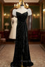Black Velvet Puff Sleeve Pleats Formal Prom Dresses With Split