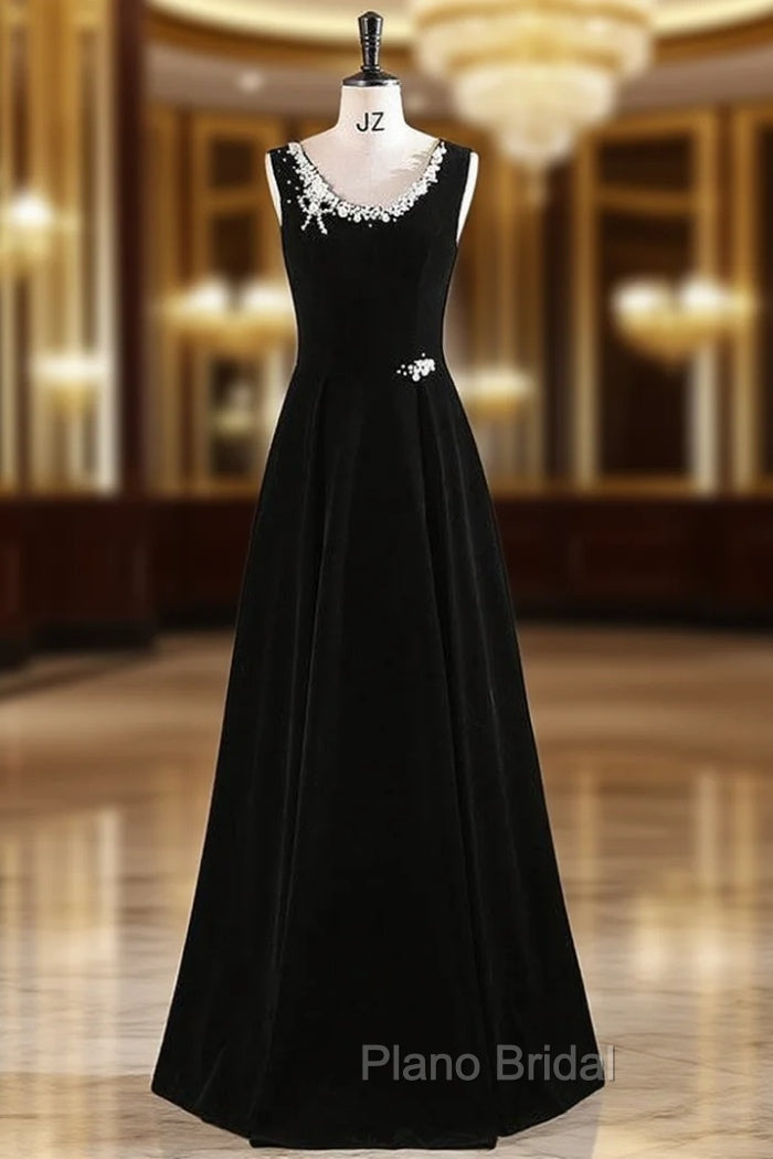Black Velvet Scoop Neck Pearls Formal Prom Dresses Main image