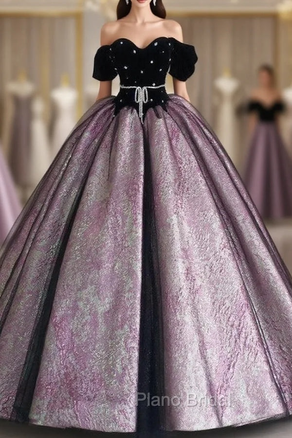 Black Velvet Short Sleeve Ball Gown Formal Prom Dresses Main image