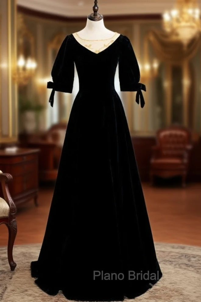 Black Velvet Short Sleeve Beading Formal Prom Dresses Main image