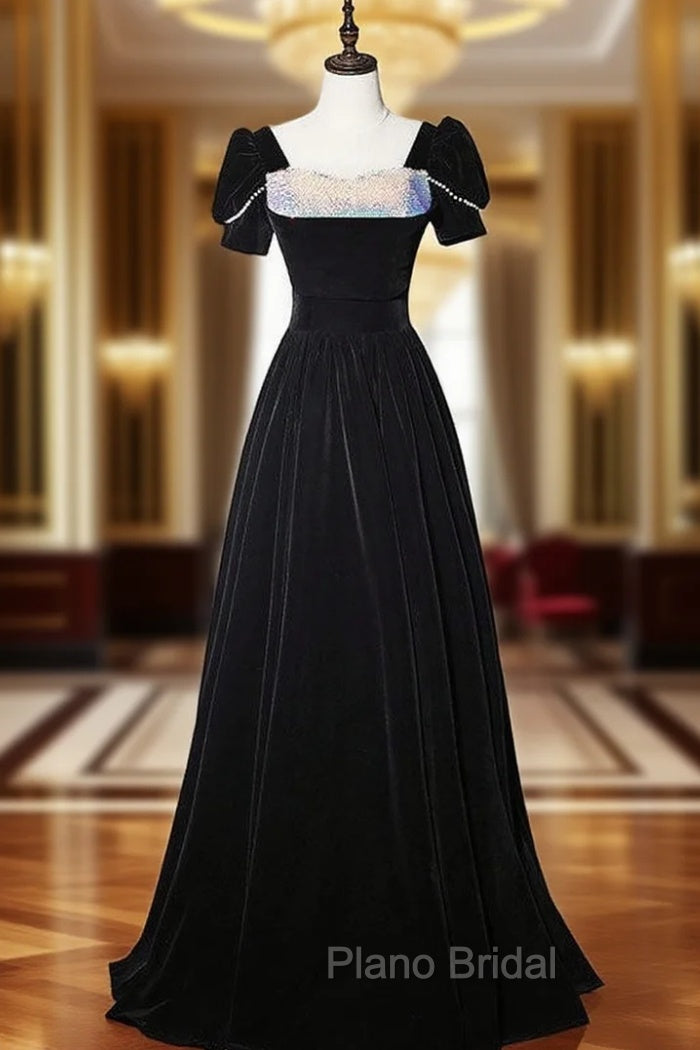 Black Velvet Short Sleeve Sequins Formal Prom Dresses Main image