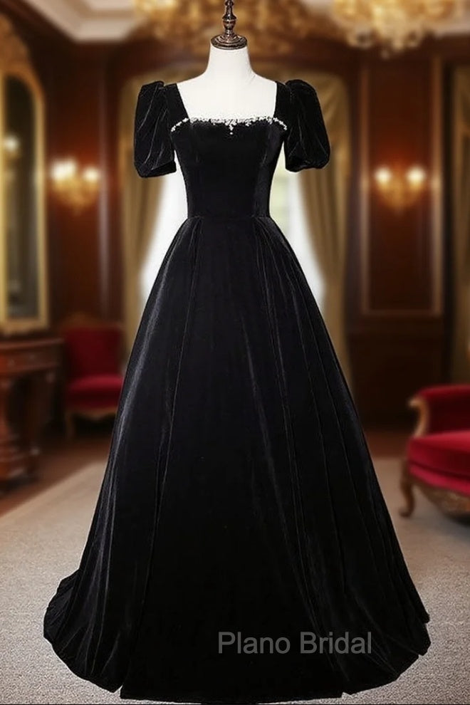 Black Velvet Short Sleeve Square Neck Crystal Formal Prom Dresses