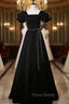 Black Velvet Short Sleeve Square Neck Pearls Formal Prom Dresses