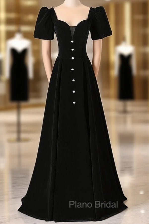 Black Velvet Short Sleeve Square Neck Formal Prom Dresses Main image