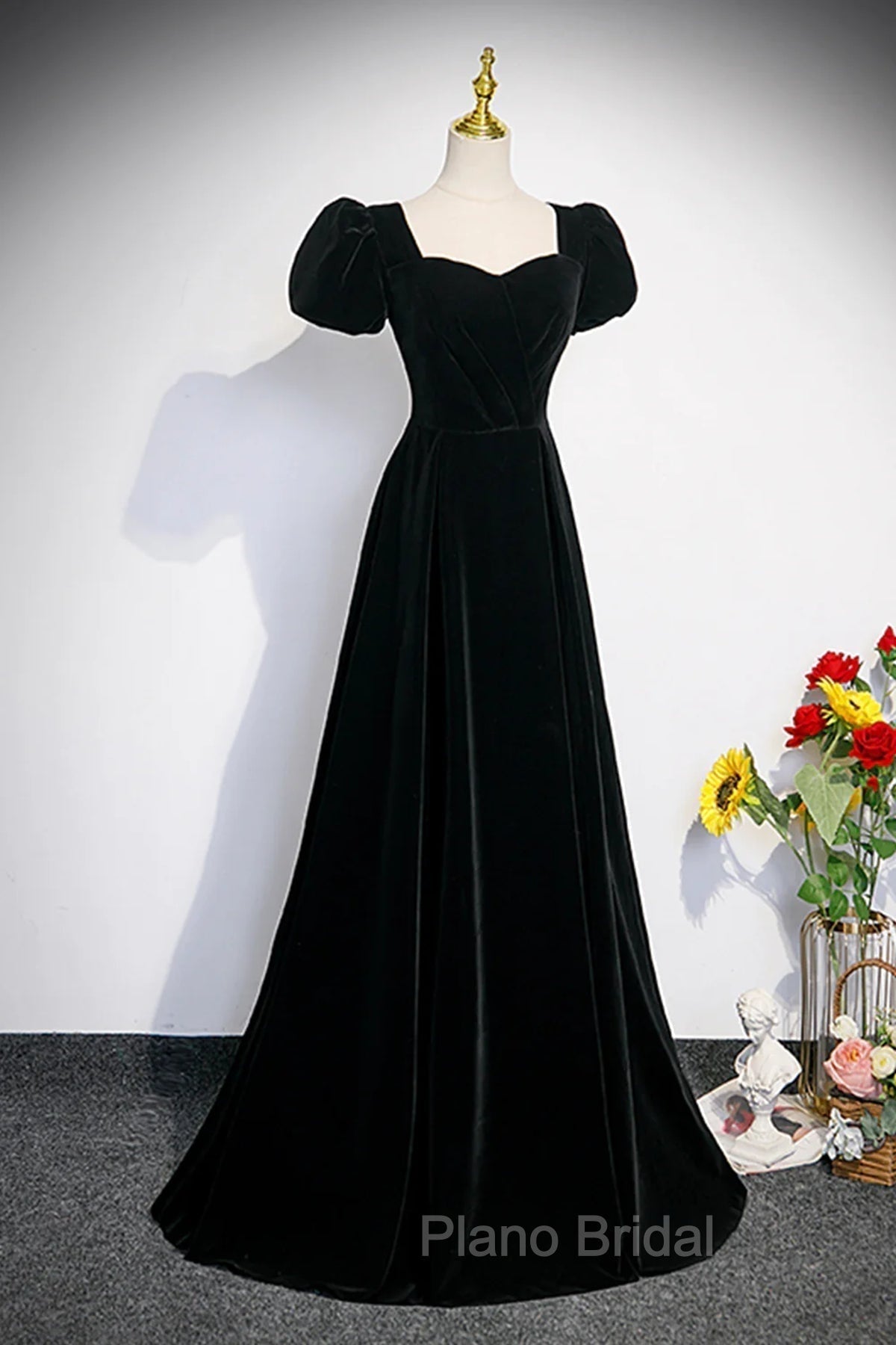 Black Velvet Short Sleeves Floor Length Long Formal Prom Dresses, Black Velvet Long Formal Evening Dresses