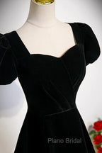Black Velvet Short Sleeves Floor Length Long Formal Prom Dresses, Black Velvet Long Formal Evening Dresses